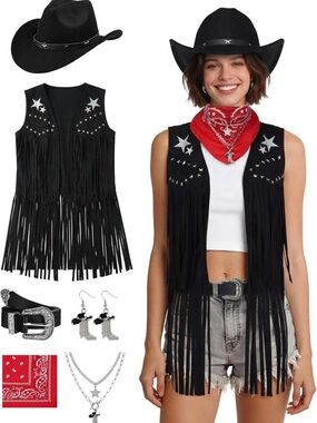 Western Fringe Vest - Black by